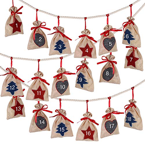 DFantiX Christmas Advent Calendar 2022 24 Days Burlap Hanging Advent Calendars Garland Candy Gift Bags Sacks DIY Xmas Countdown Christmas Decorations for Wall Home Office