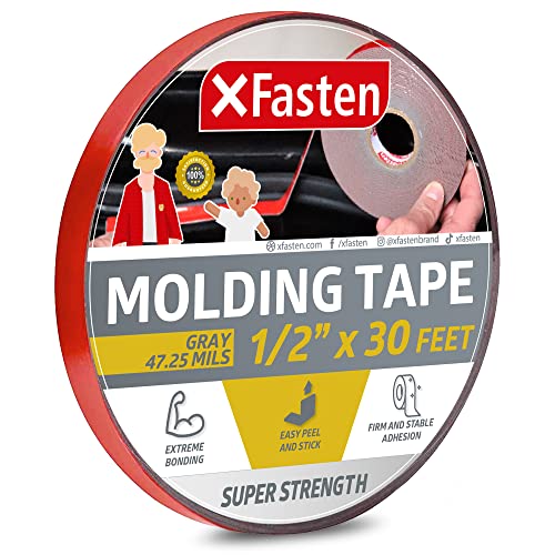 XFasten Super Strength Automotive Molding Tape Gray 12Inch x 30Foot Double Sided Exterior Mounting Tape for Auto Body Molding Trim Side Mirror Emblem Nameplate and Outdoor Applications