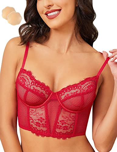 Wingslove Women39s Sexy Lace Balconette Bra Longline See Through Unlined Underwire Multiway Bralette with Silicone Nipple