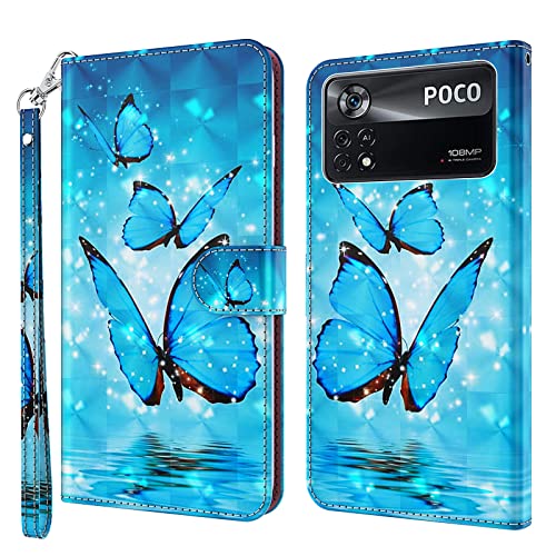 ALILANG Phone Case for Xiaomi Poco X4 Pro 5G Case Premium Flip Magnetic Closure Stand Function Card Holder PU Leather Cover for Xiaomi Poco X4 Pro 5G Wallet CaseBlue Butterfly