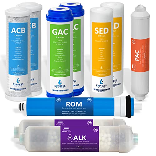 Colours available for the Express Water FLTSETALK105Q Alkaline Reverse Osmosis System Replacement Set of Ten Filters include Blue Green Yellow Pink Purple and White Pack of 1