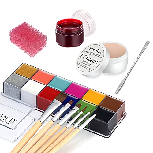 CCbeauty Halloween SFX Makeup kit 12 Color Face Body Paint OilFake Wound Scar Wax 16OzCoagulated Fake Blood GelSpatula 6 Wooden BrushesSponge for Special Effects Stage Costume Cosplay Parties