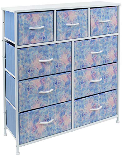 Sorbus Kids Dresser with 9 Drawers  Furniture Storage Chest Tower Unit for Bedroom Hallway Closet Office Organization  Steel Frame Wood Top Tiedye Fabric Bins Aqua Solid