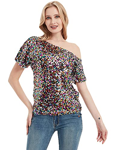 Womens ShortSleeve OneShoulder Sexy Sequin Blouse by AnnaKaci