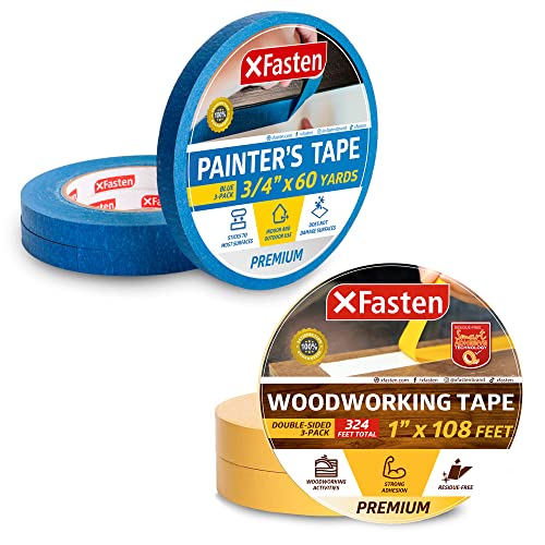 XFasten Double Sided Woodworking Tape 1 Inch x 36 Yards 3Pack Bundle with Professional Blue Painter39s Tape 34Inch x 60Yards 3Pack