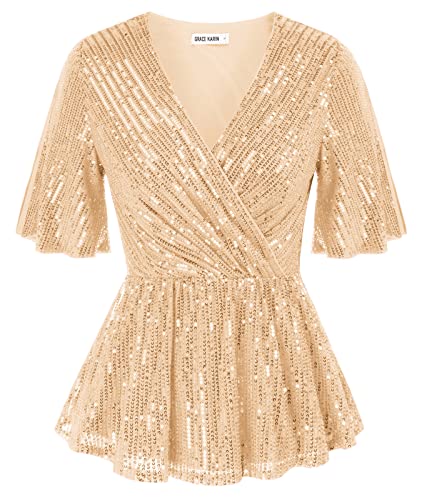 GRACE KARIN Womens Sequin Tops Sparkle Shimmer Ruffle Wrap Blouse Party Shirt V Neck Short Split Sleeve Peplum Top