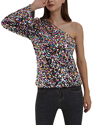 AnnaKaci Women39s Long Sleeve One Shoulder Sequin Party Top Blouse Sparkly Shirts