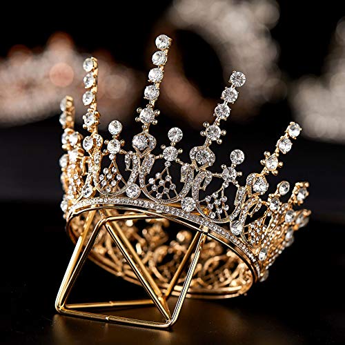 SWEETV Queen Crown for Women Full Round Wedding Tiara Rhinestone Birthday Crown for Cake Topper Costume Hair Accessories for Prom Party Gold