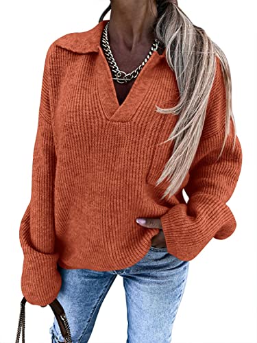 Imily Bela Women39s V Neck Fall Sweaters Long Sleeve Collared Oversized Knitted Outfits Pullover Jumper Top with Pocket