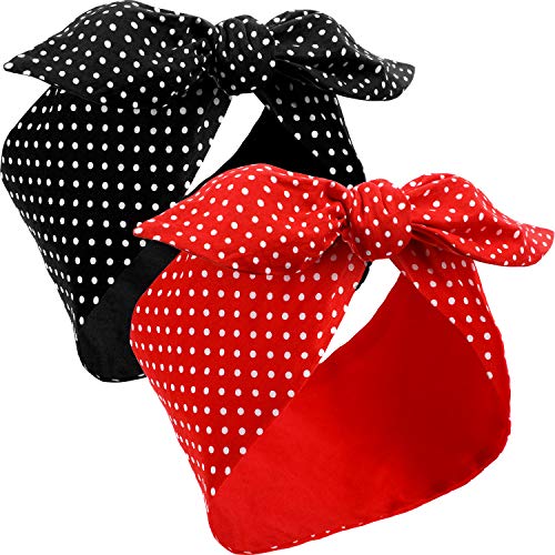 2 Pieces Head Scarf for Women Retro 1940s Head Scarf Bandana Headband Red Black Boho Bow Headbands Vintage Bunny Ear Hairband Girls Hair Accessories Classic Dot