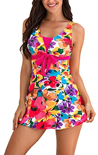 ECUPPER Womens One Piece Swimdress Plus Size Shaping Body Swimsuits Printed Skirt Swimwear with Boyshort