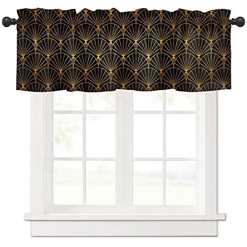 Window Curtains Vanlance Rod Pocket Curtain Drapery for Living Room Kitchen Bathroom Ocean Fish Scale Geometric SoftWashable Small Window Treatment Valances Black Gold 1 Panel 54x18inch