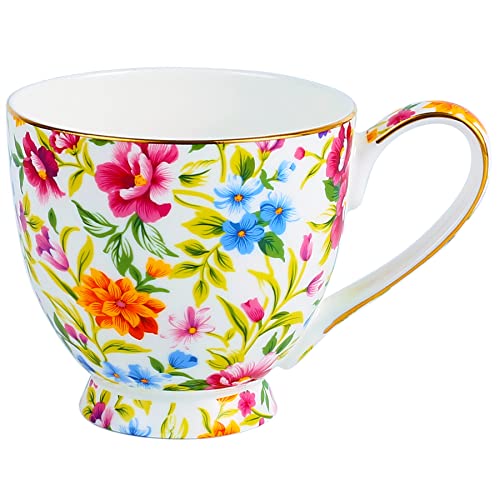 LanHong 16 oz Floral Mugs Bone Porcelain Coffee Tea Cup Cute Coffee Mug Gift for Friend Colleague Dad Mom