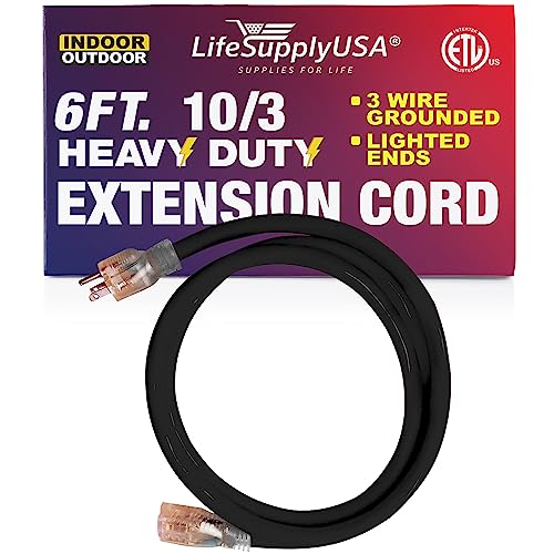 6 ft Power Extension Cord Outdoor  Indoor Heavy Duty 10 Gauge3 Prong SJTW Black Lighted end Extra Durability 15 AMP 125 Volts 1875 Watts ETL Listed by LifeSupplyUSA