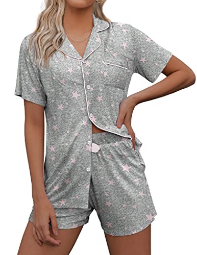 Ekouaer Pajamas Women Short Sleeve Sleepwear Button Down Loungewear Soft Summer Pjs Shorts Set