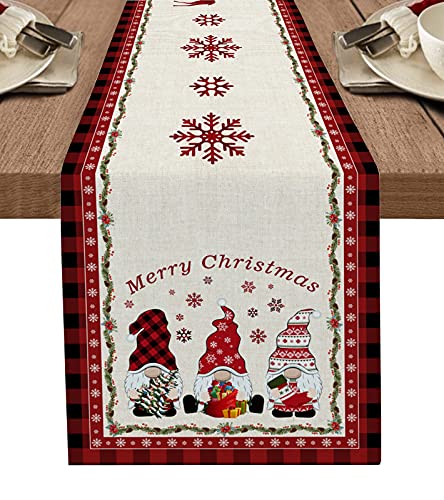 Libaoge Christmas Table Runner 36 inches Long Merry Gnome Snowflake Red Buffalo Plaid Burlap Coffee Table Runners for Thanksgiving DinnerPartiesWeddingFamily Gathering 13x36in