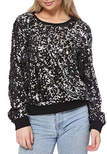 Women Sequin Crewneck Sweatshirt Long Sleeve Casual Glitter Sparkly Pullover Top