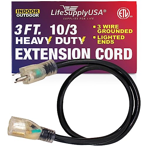 3 ft Power Extension Cord Outdoor  Indoor Heavy Duty 10 Gauge3 Prong SJTW Black Lighted end Extra Durability 15 AMP 125 Volts 1875 Watts ETL Listed by LifeSupplyUSA