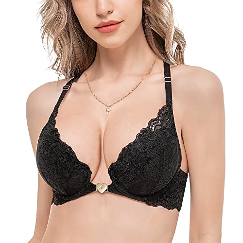 Wingslove Women39s Front Heart Closure Bra with Necklace Plunge Racerback Lace Bra