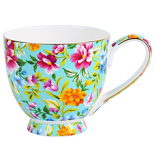 LanHong 16 oz Floral Mugs Bone Porcelain Coffee Tea Cup Cute Coffee Mug Gift for Friend Colleague Dad Mom