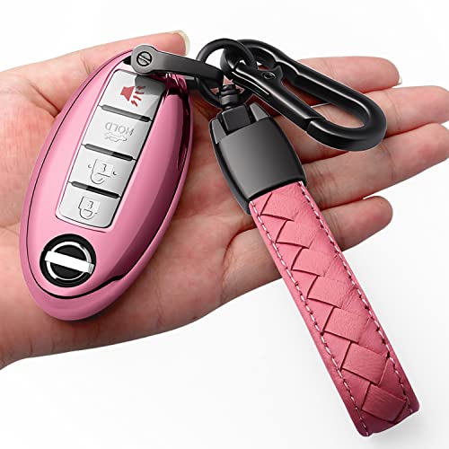 Autophone Compatible with Nissan Key Fob Cover with Leather Keychain Soft TPU 360 Degree Protection Key Case for Altima Maxima Rogue Armada Pathfinder Smart Key 3 4 5ButtonRed