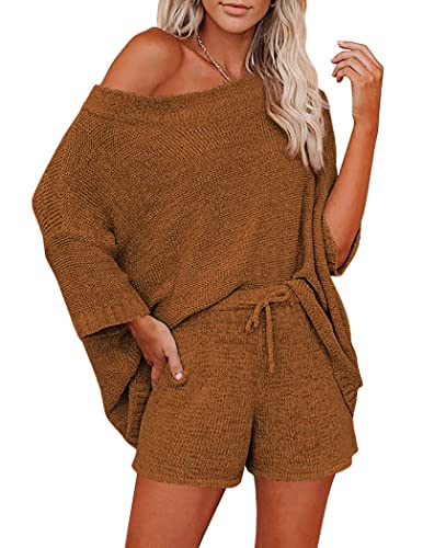 Ekouaer Women 2 Piece Outfits Sweater Sets Off Shoulder Knit Pajama Set 34 Sleeve Tops Drawstring Waist Shorts Suits