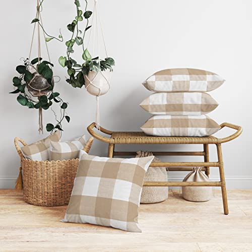 Encasa Homes Buffalo Beige Checks Throw Pillow Cover 2pc Set  24 x 24 inch  Farmhouse Stripes Accent Cushion Cases for Couch