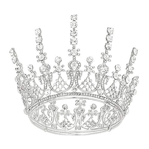 SWEETV Queen Crown for Women Full Round Wedding Tiara Rhinestone Birthday Crown for Cake Topper Costume Hair Accessories for Prom Party Gold