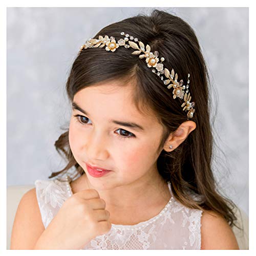 SWEETV Flower Girl Hair Accessories for Wedding Headpieces FlowerLeaf Girls Headband Princess Crystal Pearl Hair Pieces for Birthday Party First Communion