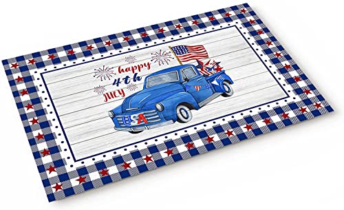 Independence Day Welcome Mats for Front Door Indoor American Patriotic Flag Non Slip Door Mats Rugs Star Entrance Doormat Funny Floor Mat Machine Washable July 4th Decorations 18x30 Blue Red