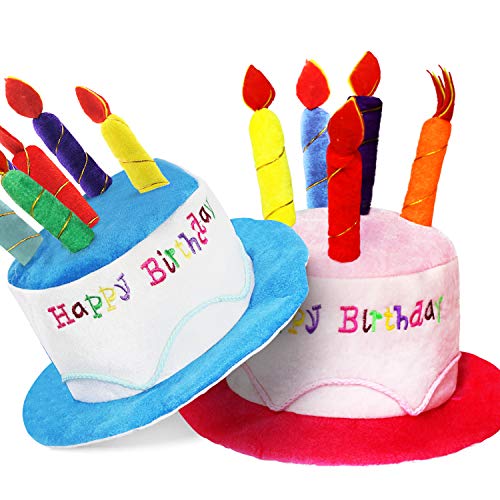 Novelty Place Plush Happy Birthday Cake Hat 2Pcs Blue  Pink  Unisex Adult Size Fancy Dress Party Hats  Perfect as Party Favors Costume Accessories  Cake  5 Multicolor Candles