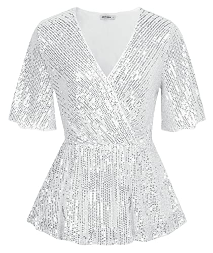 GRACE KARIN Womens Sequin Tops Sparkle Shimmer Ruffle Wrap Blouse Party Shirt V Neck Short Split Sleeve Peplum Top