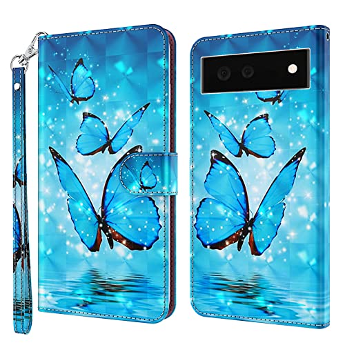 ALILANG Phone Case for Google Pixel 6 Case Premium Flip Magnetic Closure Stand Function Card Holder PU Leather Cover for Pixel 6 Wallet CaseBlue Butterfly