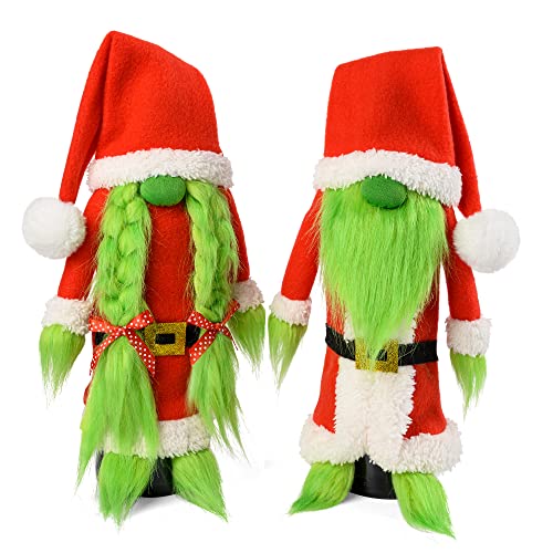 DFantiX Christmas Gnome Wine Bottle Covers Set 2 Pack Handmade Tomte Swedish Gnome Wine Bottle Topper Scandinavian Green Beard Plush Santa Claus Decorations New Year Dining Table Decor Party Gift