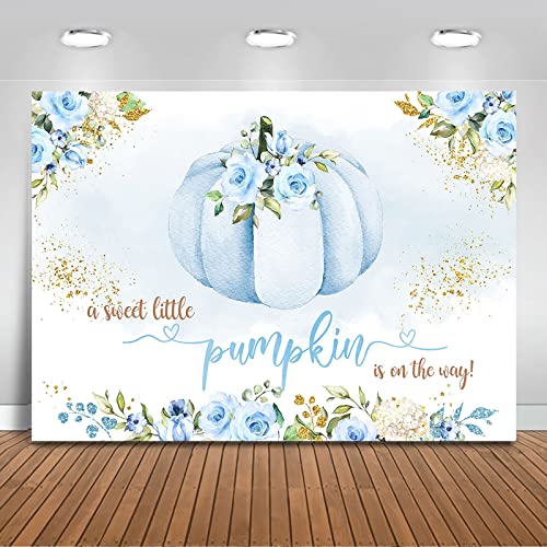 Mocsicka Little Pumpkin Baby Shower Backdrop Blue Floral Pumpkin Autumn Baby Shower Party Decorations Photo Backdrops Fall Baby Shower Photography Background 5x3ft
