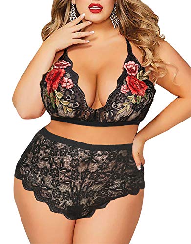 JuicyRose Plus Size 2 Piece Lingerie for Women Sexy Rose Applique Lace Bra and High Waist Panty