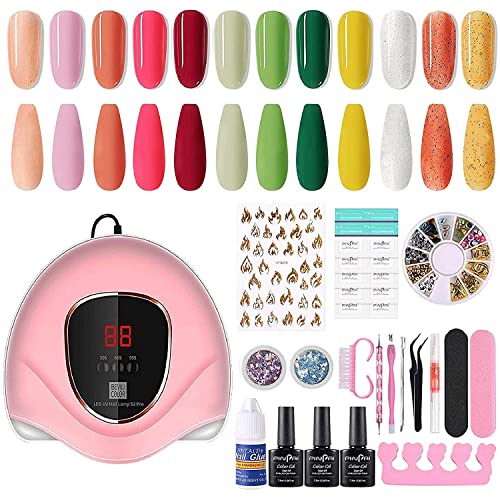 Gel Nail Polish Kit with UV Light 72W UVLED Nail Lamp Dryer12 Colors PinkGlitter Gel Nail Polish Set Base Top Coat with Full DIY Manicure Nail Tools Nail Art Decorations Gift Set Pink 31 Pcs