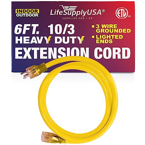 6 ft Power Extension Cord Outdoor  Indoor Heavy Duty 10 Gauge3 Prong SJTW Yellow Lighted end Extra Durability 15 AMP 125 Volts 1875 Watts ETL Listed by LifeSupplyUSA