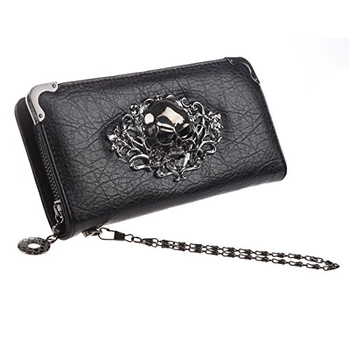 HOYOFO Skull Wallets for Women Zip Around Clutch with Credit Card Holder Phone Case Leather Long Goth Wallet Purse with Wristlet Black