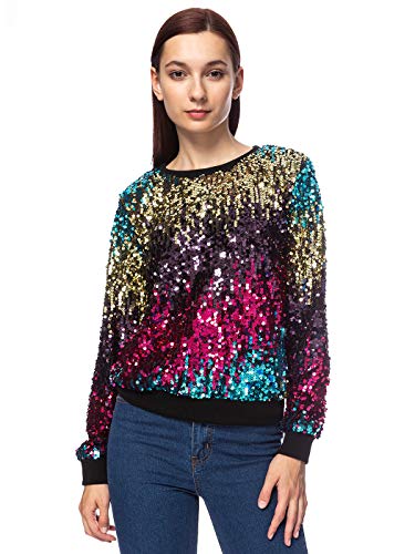 Women Sequin Crewneck Sweatshirt Long Sleeve Casual Glitter Sparkly Pullover Top