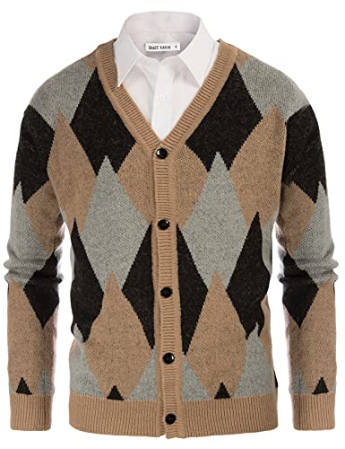 GRACE KARIN Men39s V Neck Argyle Button Down Knitted Cardigan Sweater Casual Long Sleeve Contrast Knitwear