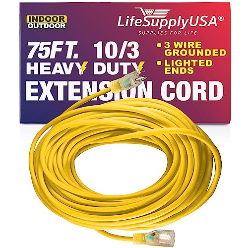 75 ft Power Extension Cord Outdoor  Indoor Heavy Duty 10 Gauge3 Prong SJTW Yellow Lighted end Extra Durability 15 AMP 125 Volts 1875 Watts by LifeSupplyUSA