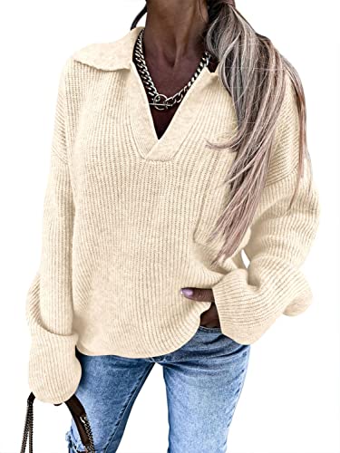 Imily Bela Women39s V Neck Fall Sweaters Long Sleeve Collared Oversized Knitted Outfits Pullover Jumper Top with Pocket