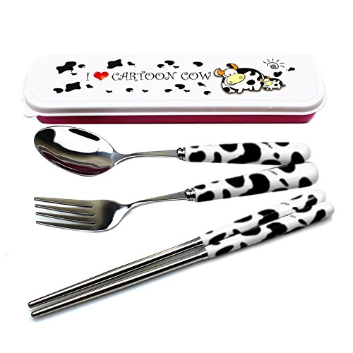 OLizee 3 Piece Cow Pattern Design Cutlery Set Black  Stainless Steel Chopsticks Spoon and Serving Spoon with Ceramic Handles Perfect for Picnics or Camping