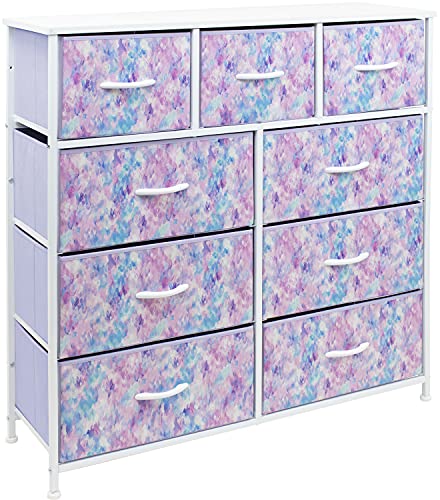 Sorbus Kids Dresser with 9 Drawers  Furniture Storage Chest Tower Unit for Bedroom Hallway Closet Office Organization  Steel Frame Wood Top Tiedye Fabric Bins Aqua Solid