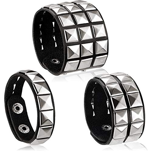 3 Pieces Leather Studded Punk Bracelet for Men Women 80s Studded Wristband Goth Punk Rock Bracelet Spike Rivet Cuff Bangle Unisex Metal for Halloween Party Favors Accessories