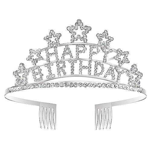 SWEETV Happy Birthday Tiara Crown for Girls  Women Rhinestone Bday Crown with Comb Crystal Birthday Party Hat Gift Princess Headpieces Clear