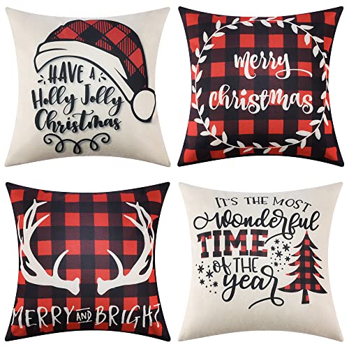 Ekouaer Christmas Pillow Covers 18x18 Inch Set of 4 Plaid Printed Pillow Cover Holiday Linen Pillow Case for Sofa Couch Christmas Decorations Throw Pillow Covers