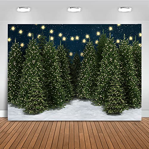 Mocsicka Christmas Tree Farm Photography Backdrop Blue Starry Sky Christmas Forest Photo Background Winter Night Xmas Holiday Famliy Portrait Background Photo Booth Props 7x5ft