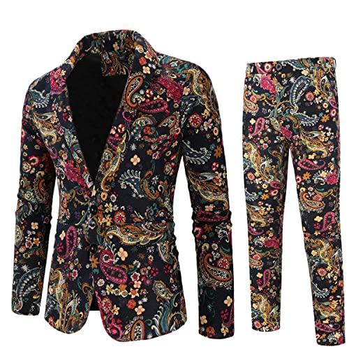 Mens 2 Piece Print Suit Floral Party Dress Jacket Slim 2 Button Blazer Pants